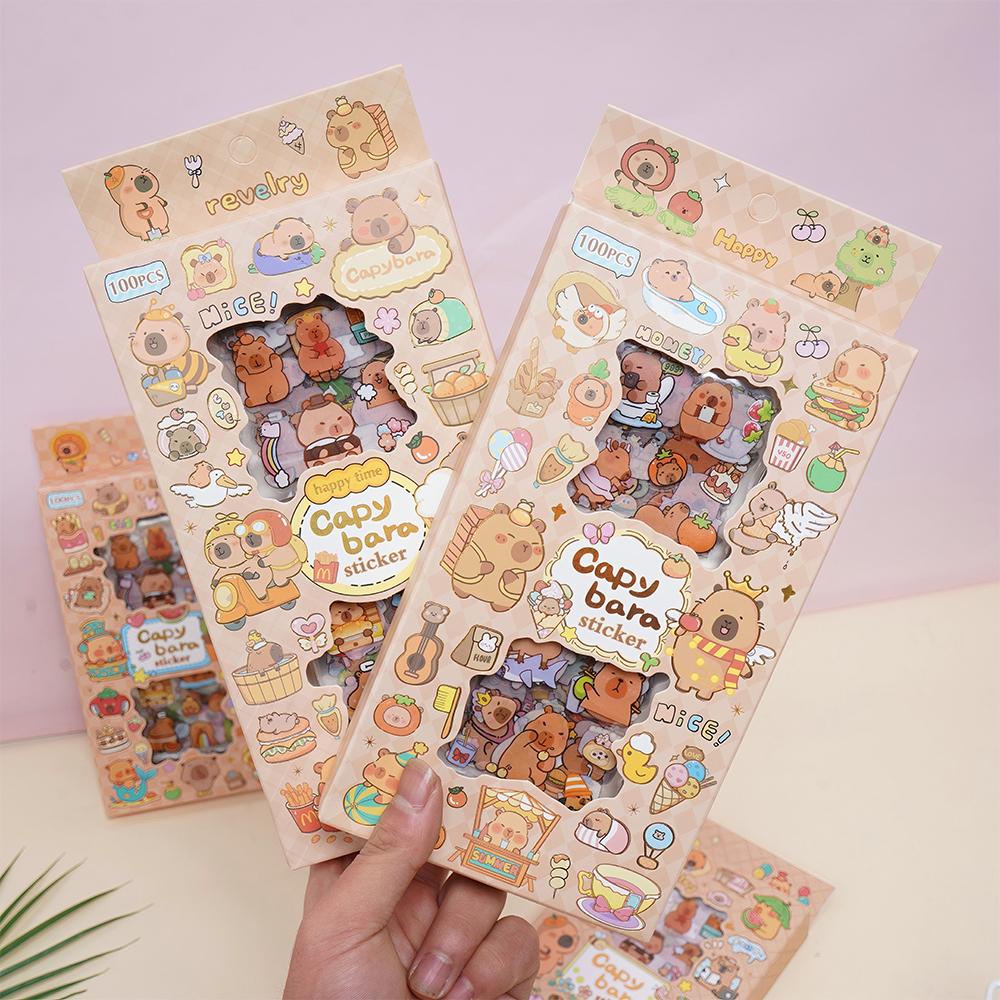 100pcs/Box Transparent Kawaii Cartoon Capybara Stickers Animal Decals Toys DIY Notebook Laptop Cute Kids Reward Sticker Gift