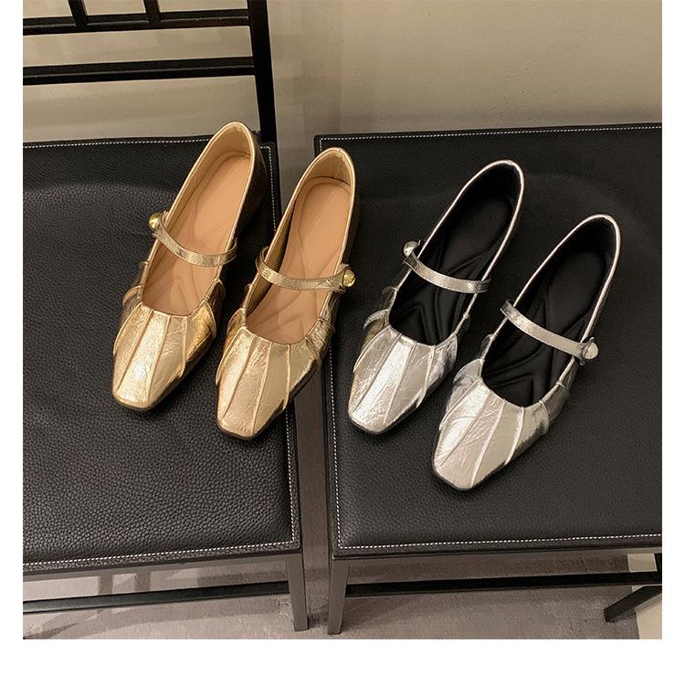 Sheepskin version~ inner height increase pleated leather silver single shoes women's ballet style platform Mary Jane ladyshoes ballet shoes