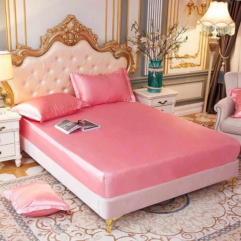 Luxury Pure Satin Queen Bed Sheet Set High End Silky Home Bed Sheets Pillow Cover Single Double Fitted Sheet with Elastic Band