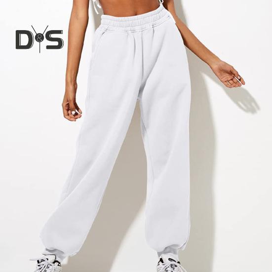 Women Pants High Elastic Waist Ankle Banded Solid Color Casual Soft Warm Pockets Loose Spring Fall Sweatpants Jogging Trousers