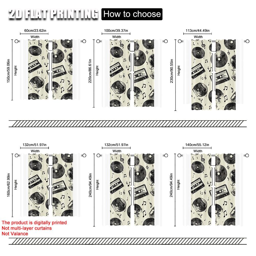 2 szt., druk płaski 2D Zasłony Rolety Nostalgia Muzyka Wszechstronna Tkanina (bez pręta) Użycie świąteczne do sypialni i różne
