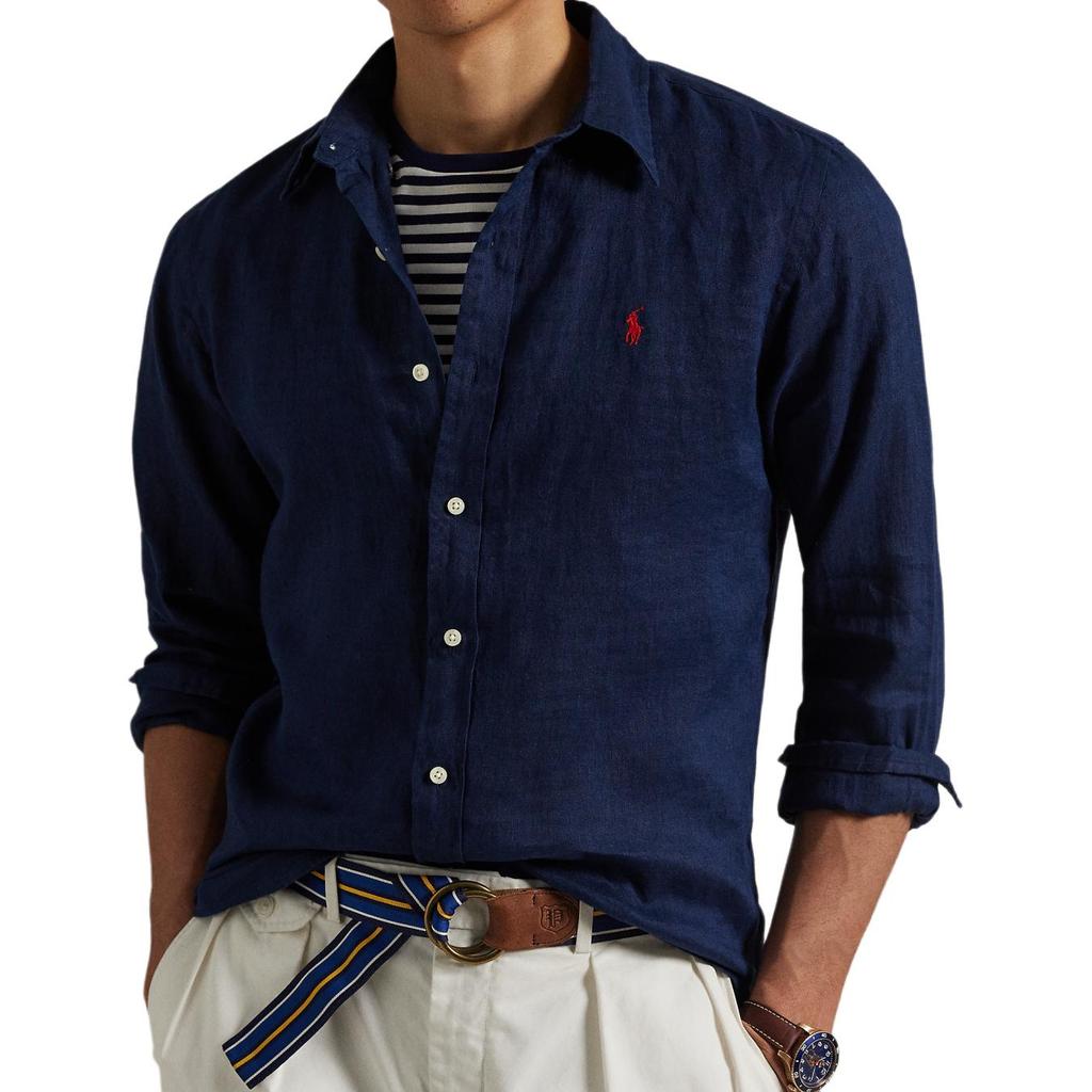 Polo Ralph Lauren Linen Solid Wide Collar Long Sleeve Shirt Classic Fit Men Shirts Dark-Blue MNPOWOV16824374-410
