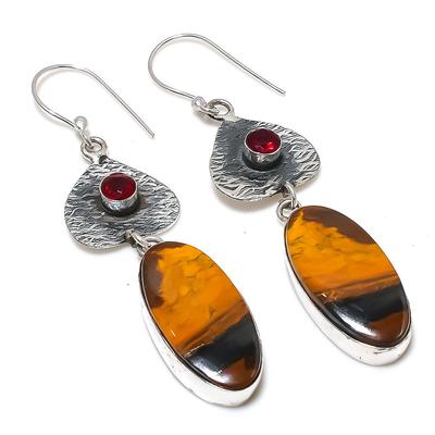 Natural Tiger Eye, Garnet Gemstone 925 Sterling Silver Earring 2.76" b5E09