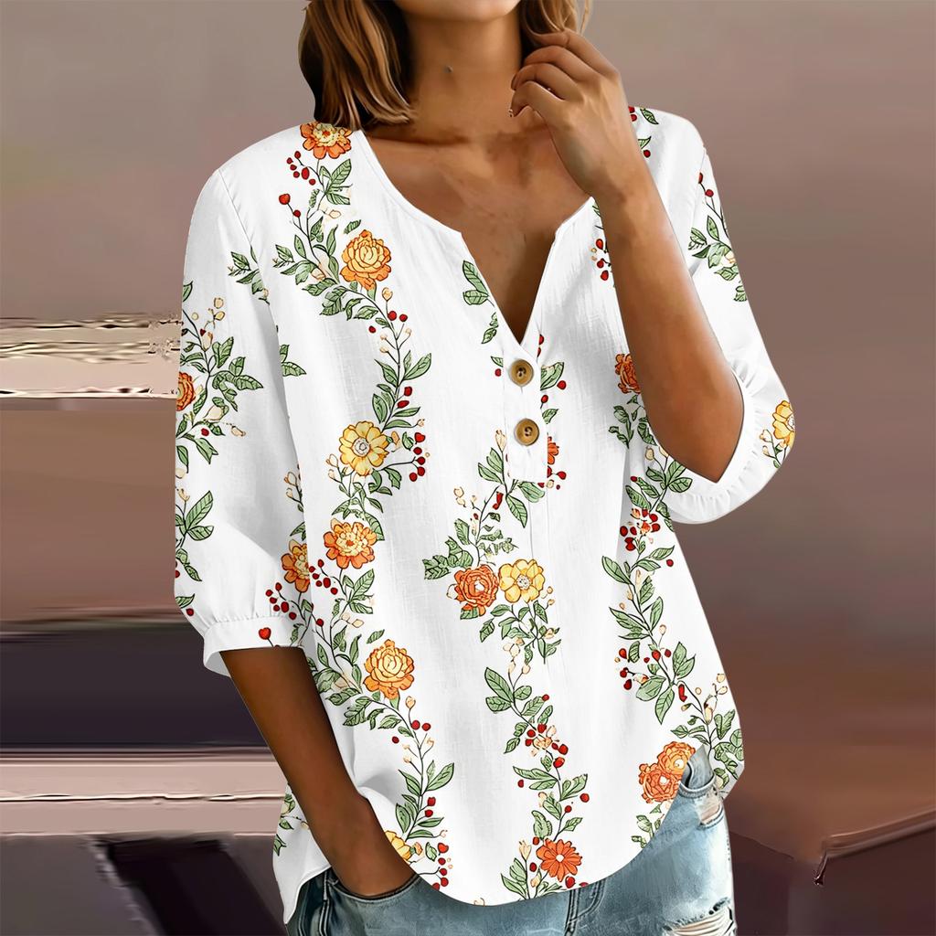 Women's Floral Print Henley Neck Button Front Shirt Three Quarter Sleeve Cotton Linen Blouse Casual Loose Fit
