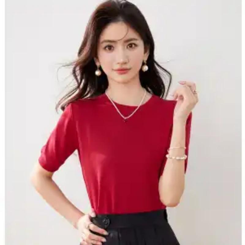 Damen Schwarz Gestricktes Oberteil Rundhalsausschnitt Halbe Ärmel Schmale Passform Lässiges T-Shirt