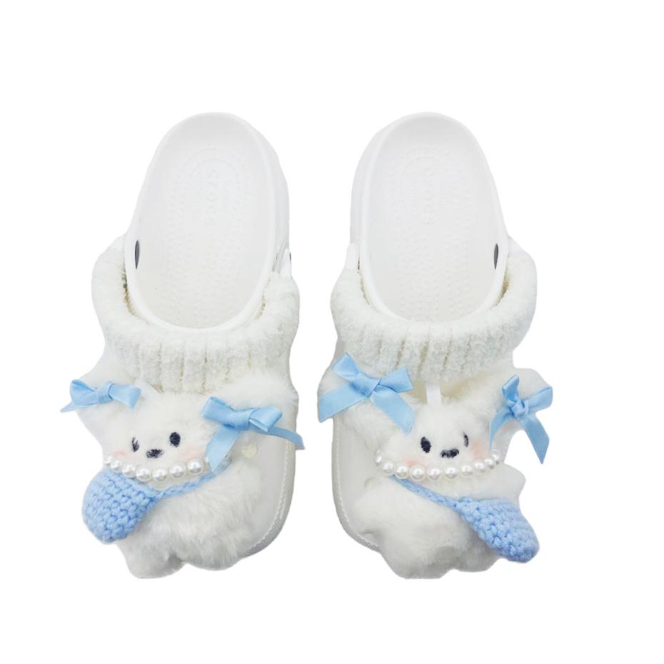 Crocs Classic Platform Clog EVA Blue Hat Rabbit School Style Hole Shoes Unisex White
