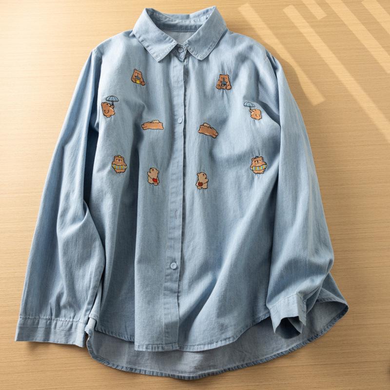 Women's Retro Cartoon Embroidered Cotton Denim Shirt - Long Sleeve, Casual Top for Spring/Autumn 2025