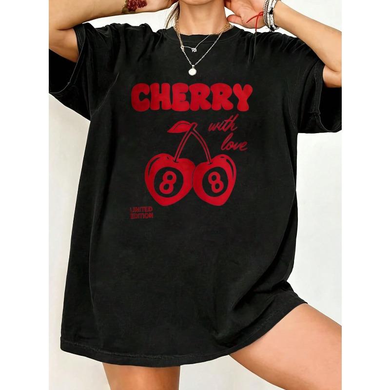 Cherry With Love Oversized T Shirt Black Cherry 8 Ball Graphic Print Limited Edition Women Casual Summer Top Fashion Statement Piece Streetwear Style