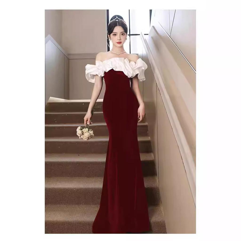 Premium French Black One-word Shoulder Temperament Socialite Banquet Dress Host Dress Slim Fishtail Dress
