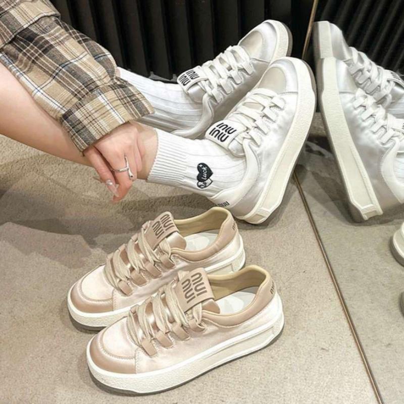 Fashion Spring Fashion Breathable Satin Casual Pink Sneakers 2025 New Style Women's Vulcanized Round Toe Thick Sole Lace Up Flat Shoes