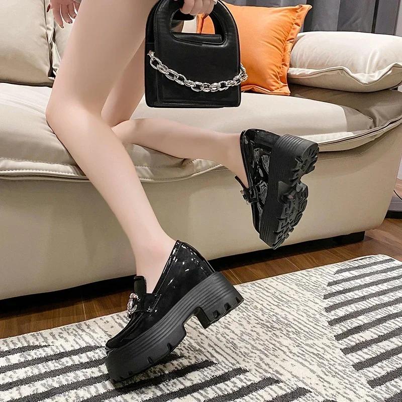 10CM New Autumn Heels Leather Chunky Shoes Women Diamonds High Platform Sneakers Black Tennis Female Vulcanized Shoes Woman
