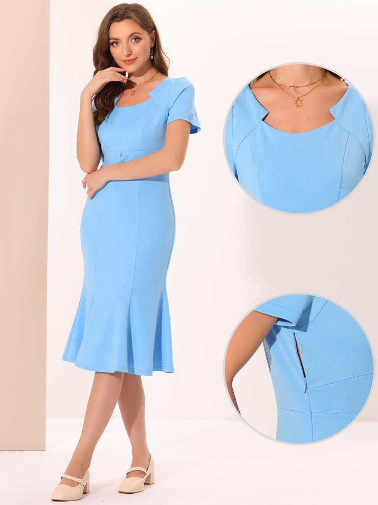 Allegra K Vintage Dress, Work Dress, Cocktail, 1950s Mermaid Sheath Midi Dress, Women's, Light Blue, Size S