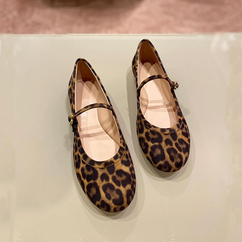 Leather retro light mouth round head one-word buckle with Mary Jane leopard print single shoes women's summer and autumn new ballet flats