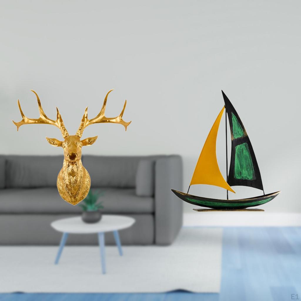 Resin Deer Head Wall Sculpture And Iron Sailboat Tabletop Ornament Collectible Boho Artwork Feng