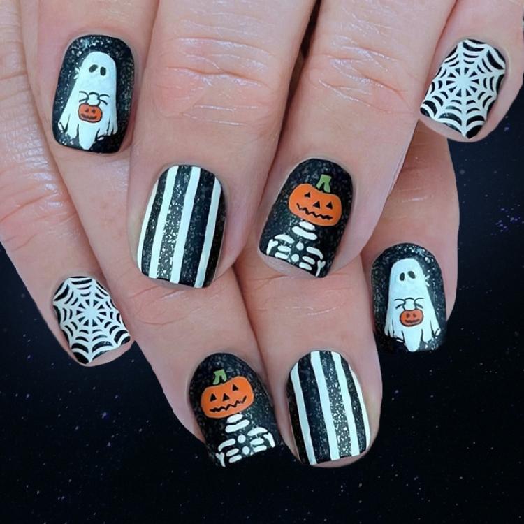 

24Pieces Halloween Nail White Spiderweb Spooky Pumpkin Skeleton Sparkling Design Stick On Artificial Nail 1