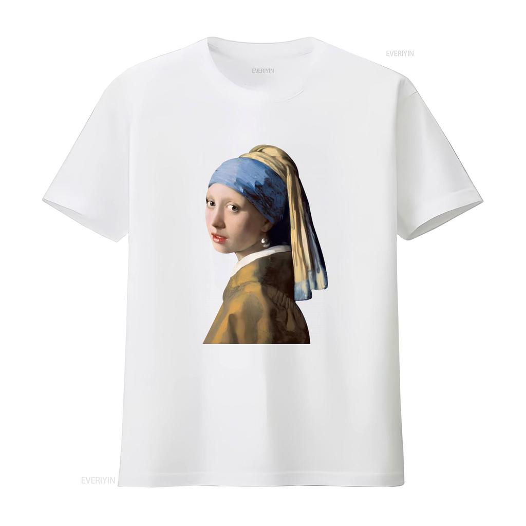 Girl With A Pearl Earring Art Print T Shirt For Unisex Fashionable And Unique Design Vintage Washed Slightly Stylish Homme