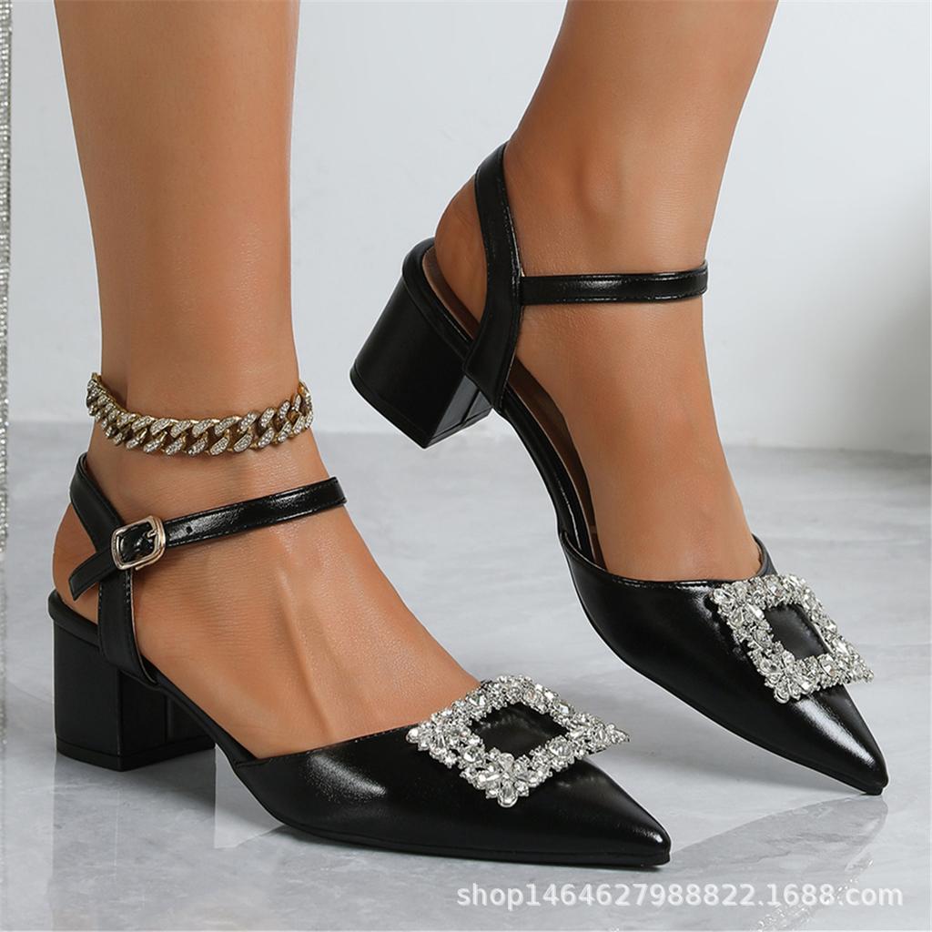 Spitze High-Heel-Sandalen Sommer quadratische Schnalle Strass hinterer Riemen Mode Damenschuhe flach dicker Absatz Taschenkopf Damen-Sandalen