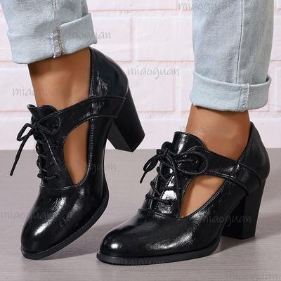 Patent Leather Cutout Chunky Heel Pumps Lace-Up Pointed Toe Dress Shoes Stylish High Heel Shoes for Office Work Fashion Casual