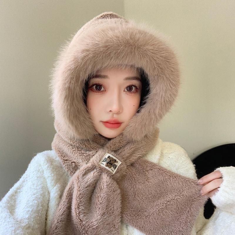 

Милая плюшевая шапка, шарф, интегрированная шапка, женская зимняя утолщенная ветрозащитная цельная шапка, холодный и теплый шарф, защитная шапка для ушей Tide