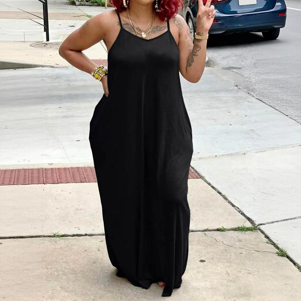 Women's Loose Fit Sleeveless Maxi Dress Casual Spaghetti Strap Relaxed Style Long Dress with Pockets for Summer Fashion