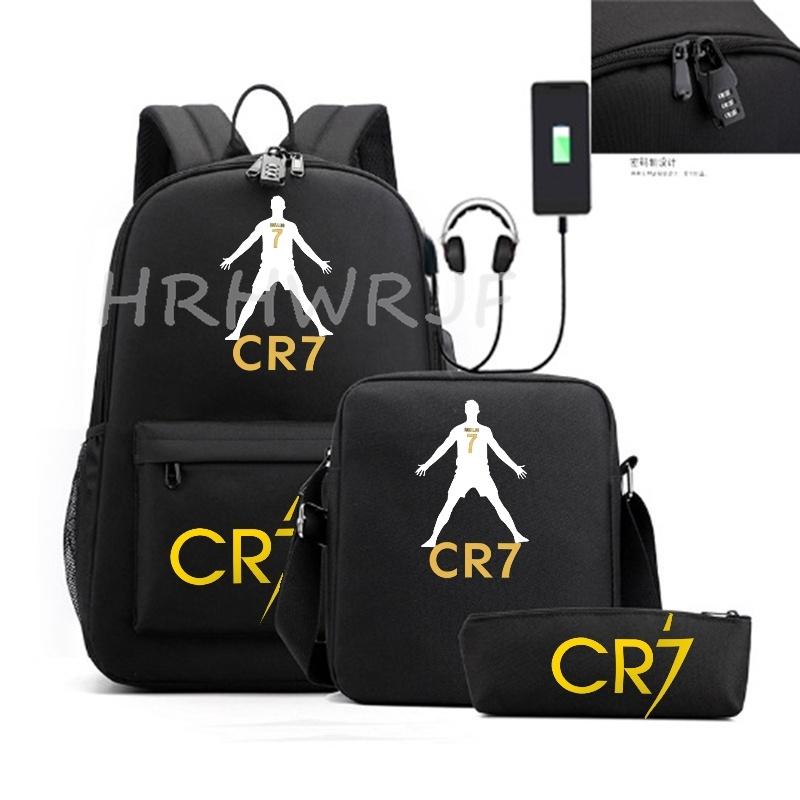 Sports Casual CR7 Backpacks 3pcs Simple Lightweight Capacity Teens Laptop School Bags Women Men Travel USB An-ti Lock Mochilas
