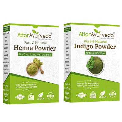 Attar Ayurveda Natürliches Haarfarben-Pulver-Set Henna Indigo Kombipackung Für Schwarzbraune Nuancen Chemiefreie Haarfarbe 200 G X Packung mit 2