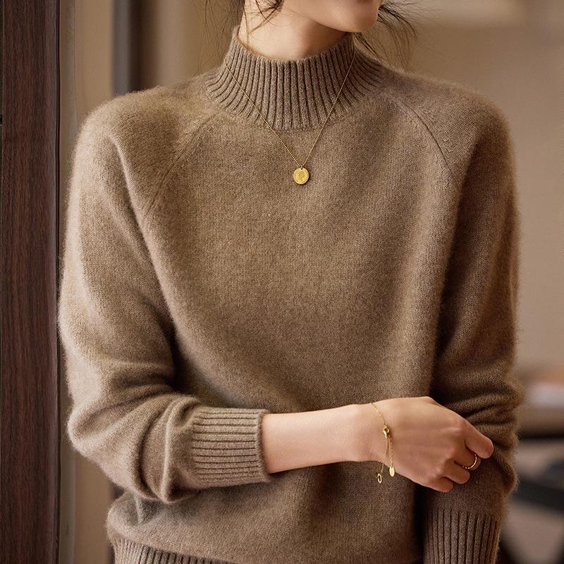 Women's Pure Wool Half-High Collar Sweater - Autumn/Winter 2025, Casual Loose Fit, Thickened Base Layer