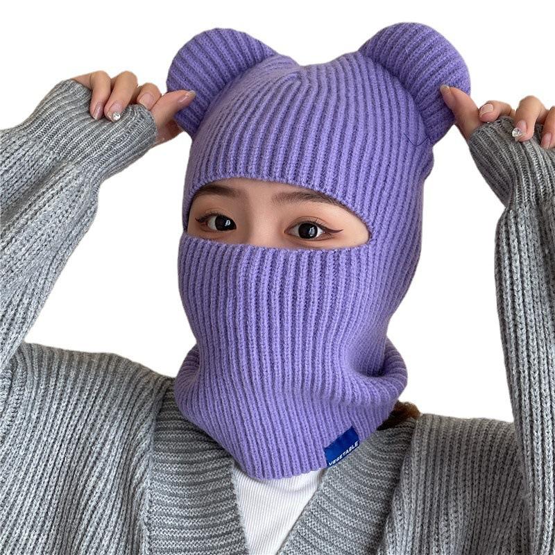 Cappello Pullover di Lana Autunno e Inverno Bambini Orecchie d'Orso Cappello Termico a Maglia Copricapo Antivento per Equitazione all'Aperto Sciarpa Integrata
