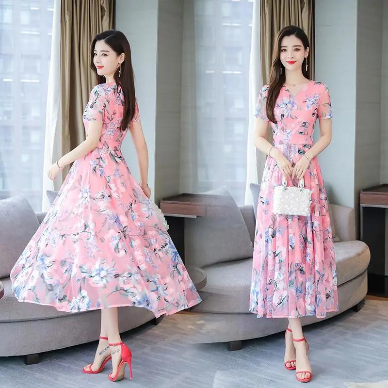 Buy Summer Korean Chiffon Dress Women's Casual Short Sleeve Temperament  Large Blue Pink Flower Round Neck Dress at affordable prices  free  shipping, real reviews with photos  Joom