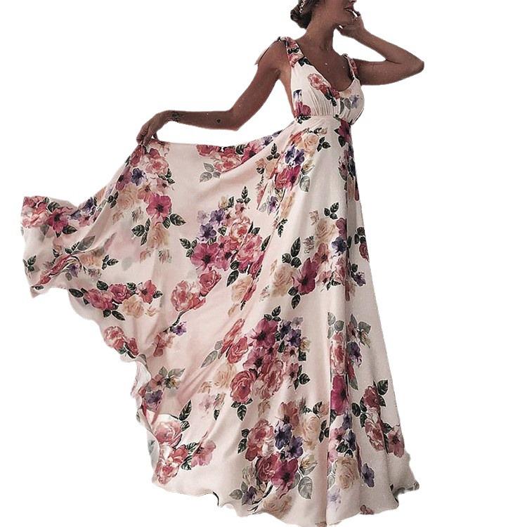 2026 Spring/Summer Women's European & American Backless Print Sleeveless Spaghetti Strap Maxi Dress