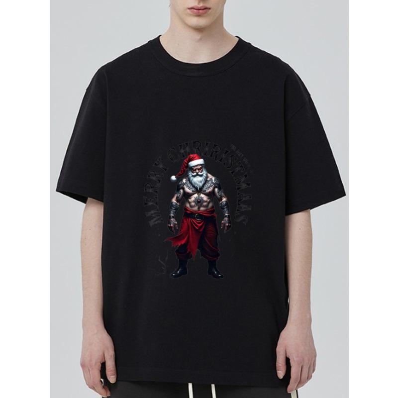 Černé tričko s designem tetování svalnatého Santa Clause a textem Merry Christmas pro sváteční období