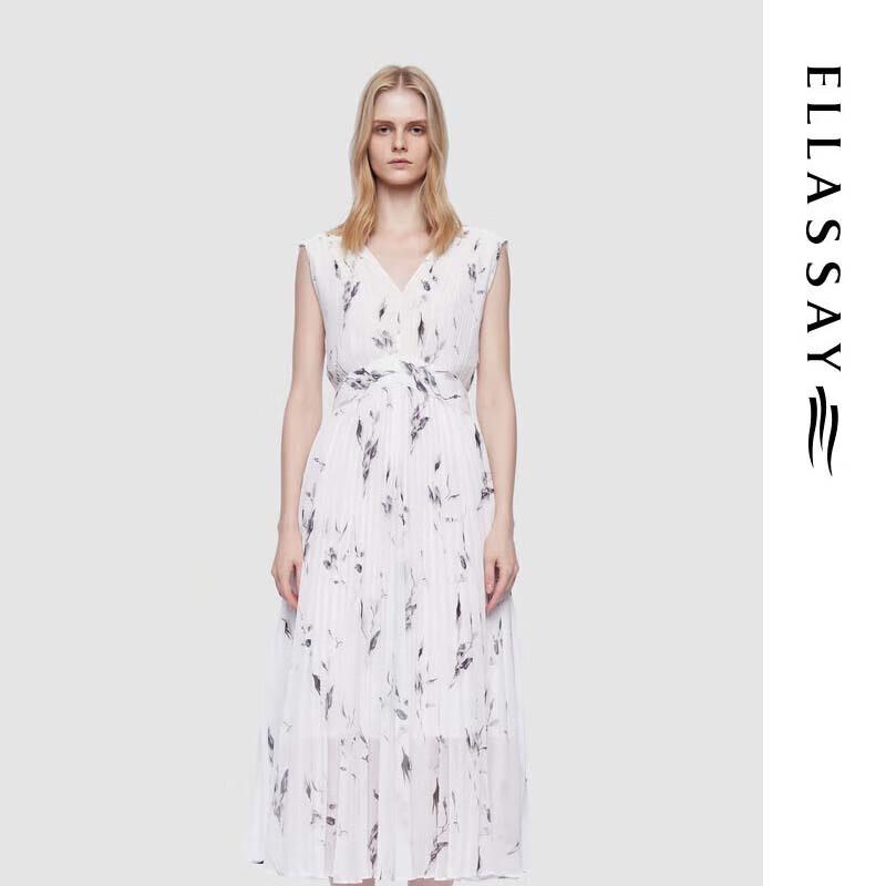 

ELLASSAY Elegant Ink Print Pleated V-Neck Dress M