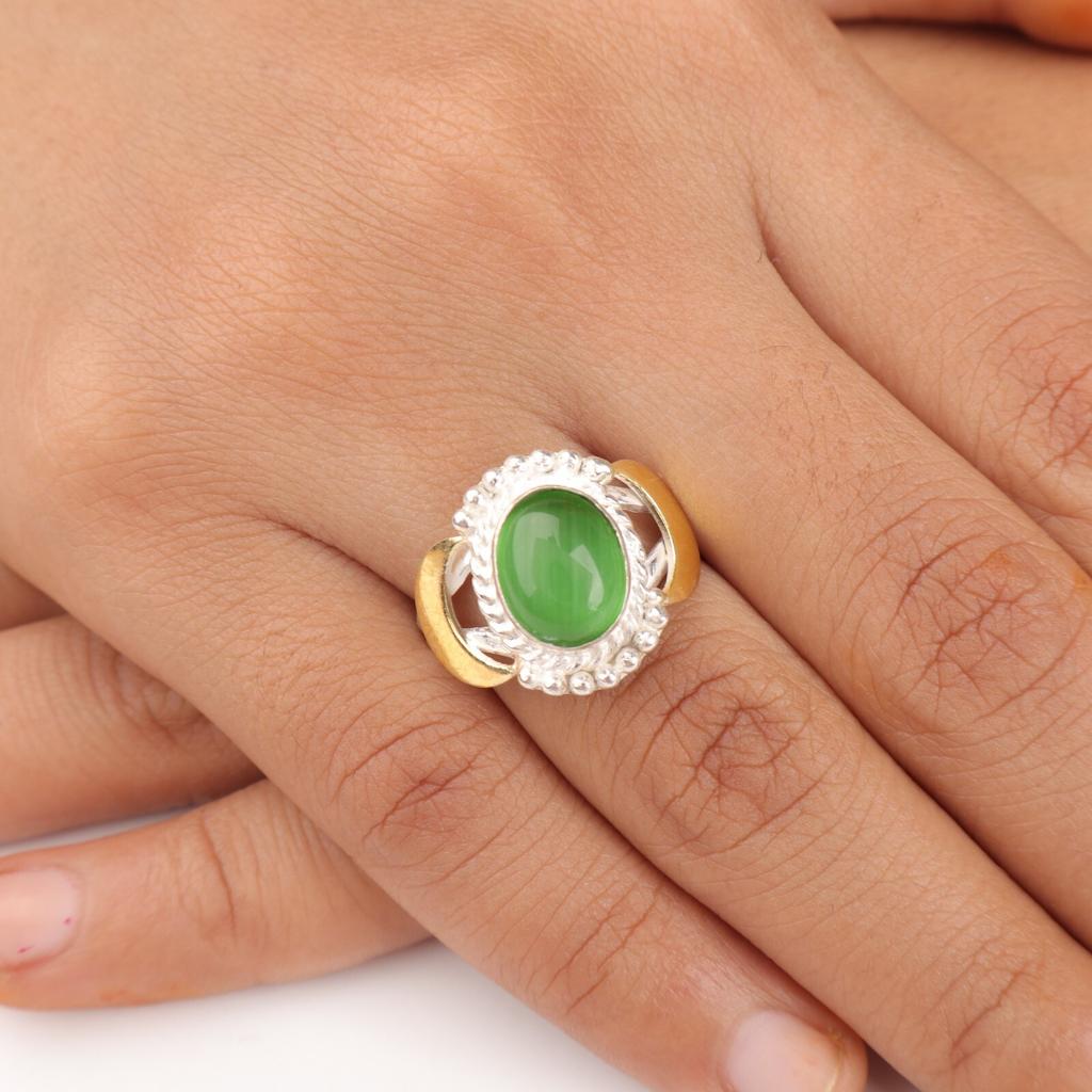 Green Cat's Eye Gemstone 925 Sterling Silver Jewelry Handmade Ring Gift For Mom RR-61-36