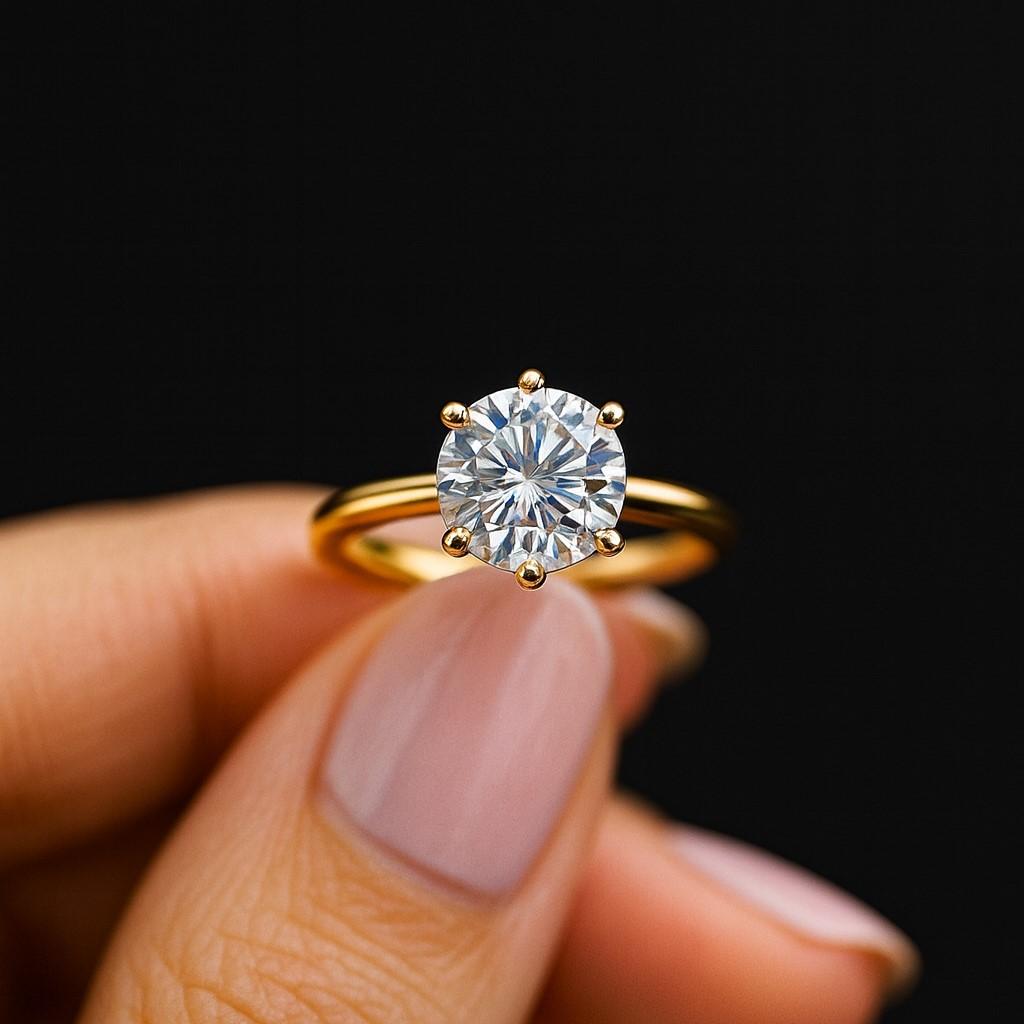 Round Cut Moissanite Engagement Ring – Yellow Gold Plated Solitaire Wedding Band, Classic Anniversary Ring, Promise Ring Jewelry Gift for Women