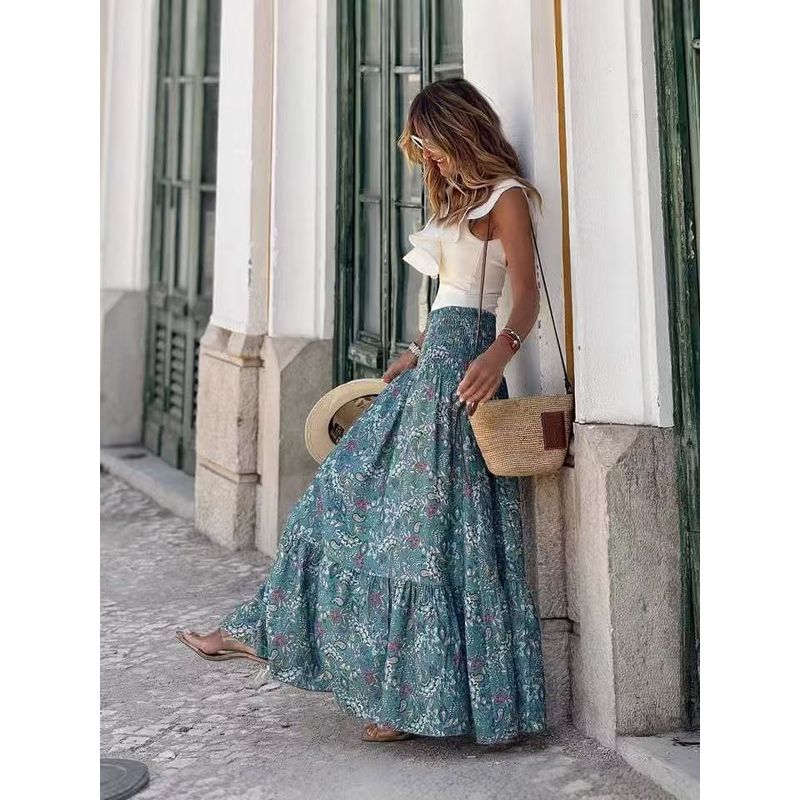 

Bohemia Style Autumn New Arrival Elastic High Waist Small Floral Flounce Big Hem Skirt Long Dress for Women S-3XL Green 3XL