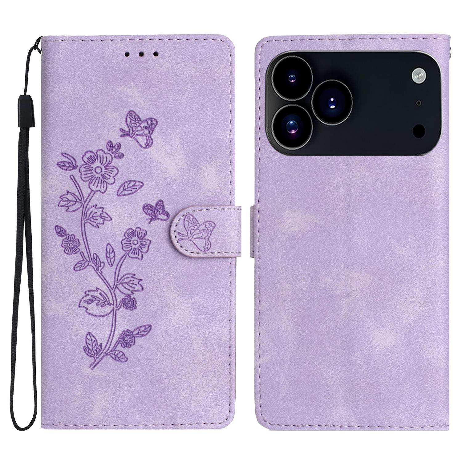 

For iPhone 17 Pro Case Leather Imprinted Flower Phone Cover Wallet with Wrist Strap E