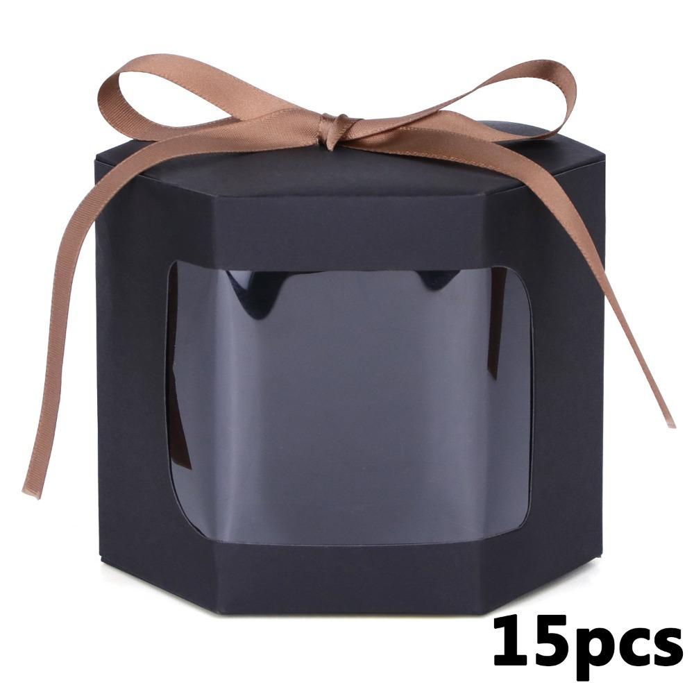 

15 шт. Подарочная коробка с окошком для дисплея, шестиугольная бумажная коробка с крышкой и лентой, подходит для подарков, изделий ручной работы, тортов, конфет, подарочных коробок, упаковочных коробок 15pcs 7*7*7cm чёрный
