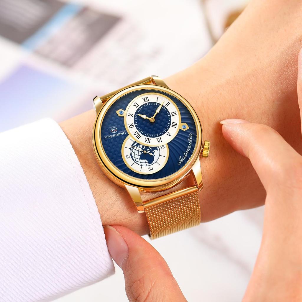 FORSINING Automatic Mechanical Wristwatch Military Sport Male Clock Luxury Golden Case Creative Dial Men Stainless Steel Mesh Strap Watch