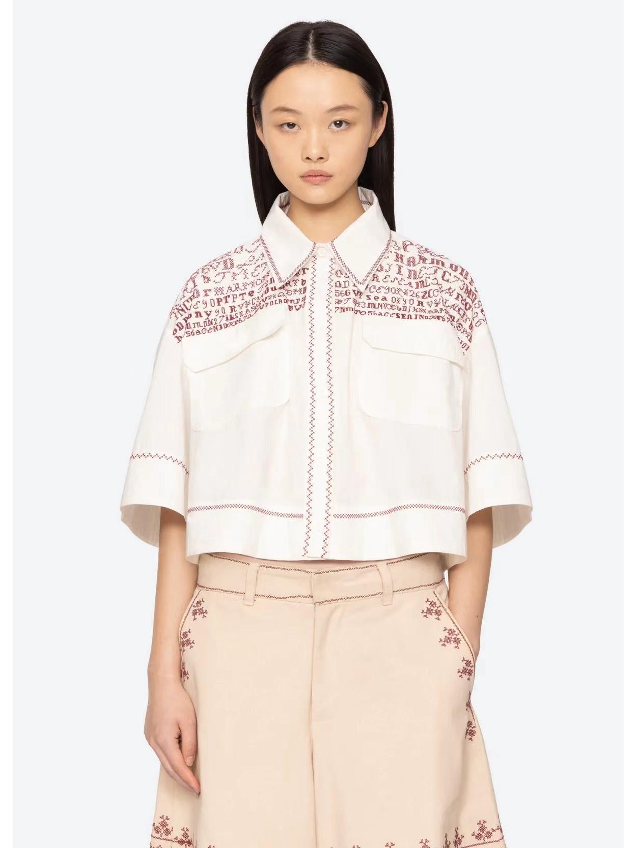 Women s Retro French Embroidered Logo Shirt - Loose & Versatile for Spring/Summer 34 белый