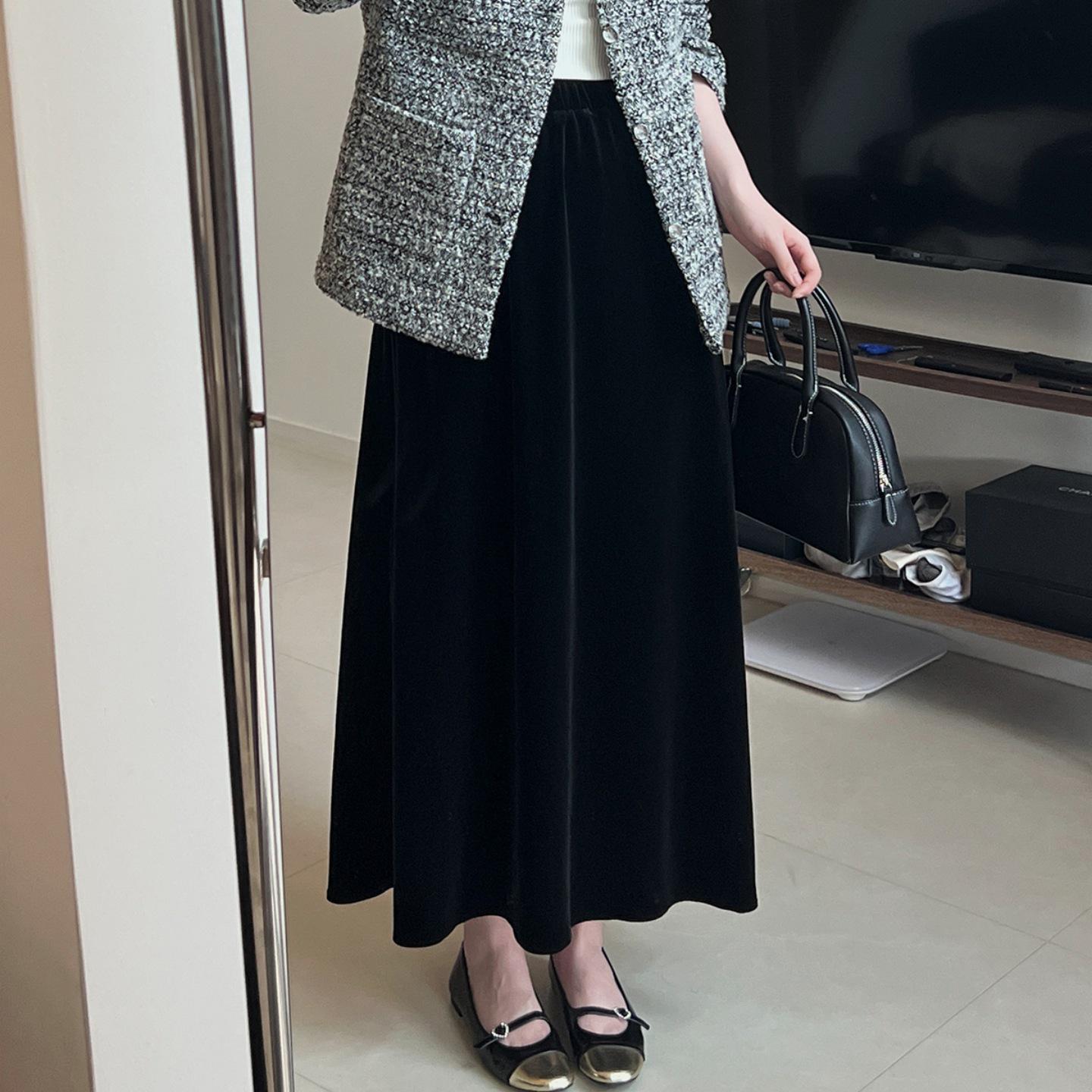 Women s Black Velvet High Waist Plus Size Slimming Mid-Length Skirt - Spring/Autumn 2026 Collection S [80-100 kg]