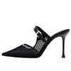 Fashion High Heels Mules Shoes for Laides Sexy Pointed Toe 2025 Summer Stilettos Black Hollow Breathable Mesh Vintage Women's Sandals
