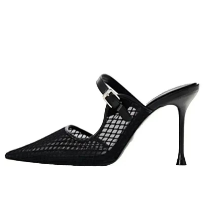 Fashion High Heels Mules Shoes for Laides Sexy Pointed Toe 2025 Summer Stilettos Black Hollow Breathable Mesh Vintage Women's Sandals