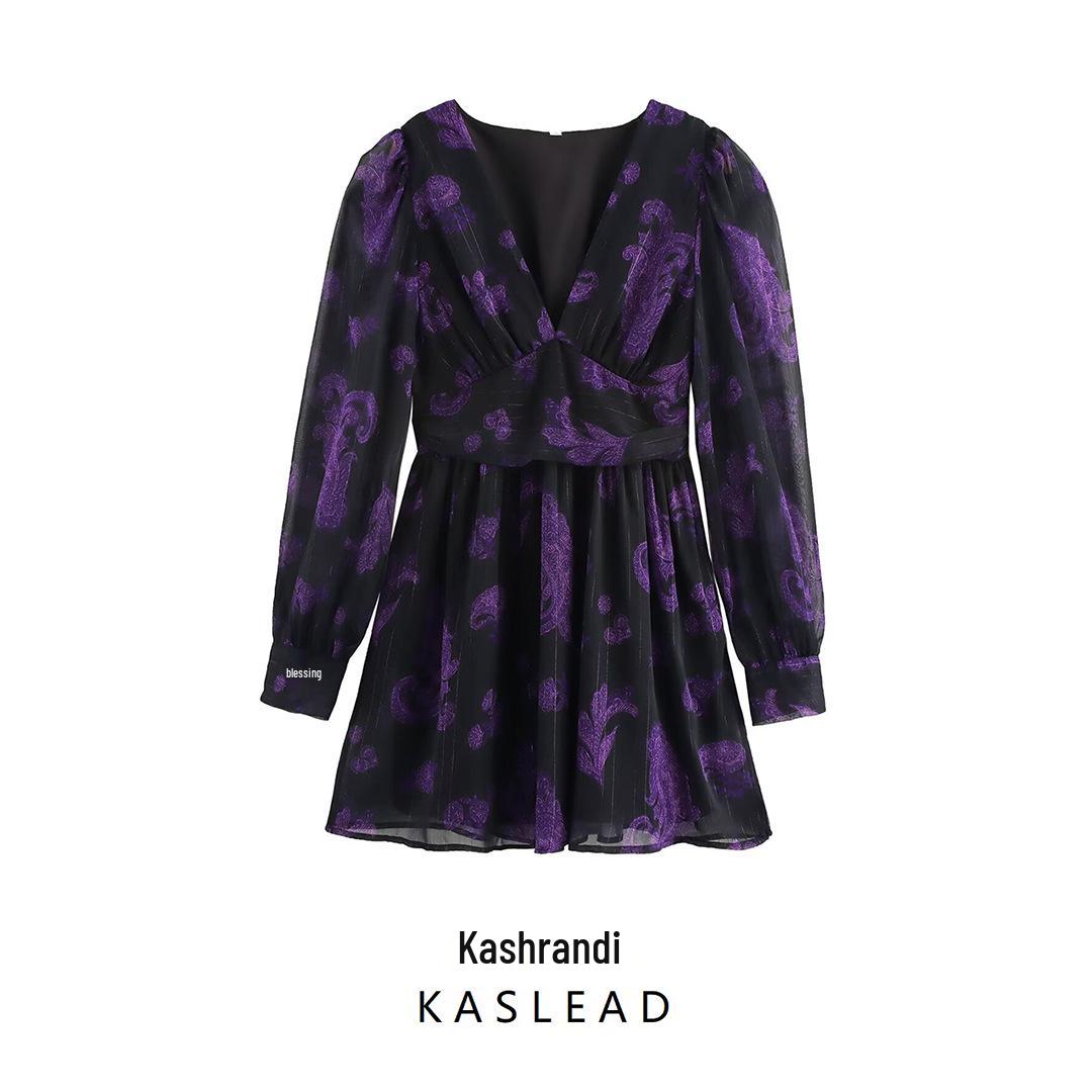 

2025 Spring Women s European & American V-Neck Chiffon Print Dress M