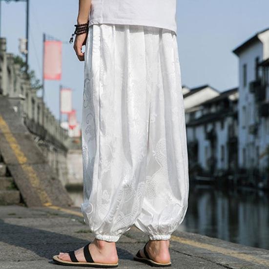 Herrenhose Laternenhose Hippie Boho Baggy Drachenmuster Locker Knöchelbündchen Weich Atmungsaktiv