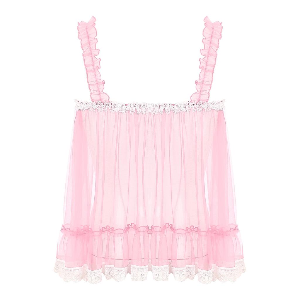 Mens Sheer Mesh Camisole Ruffled Straps Bow Accent Lace Trim Crossdressing Slip Top Clubwear