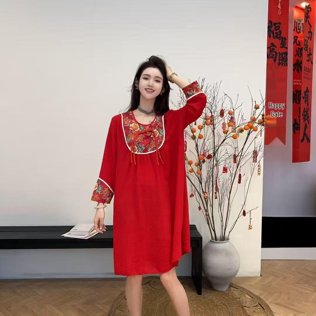 

Осенняя свободная красная ночная сорочка из облачного хлопка для женщин 4XL (160-180 jin)