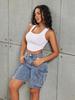 Rose Beauty A Y2K Street High Waist Flap Pocket Tape Detail Work Cargo Denim Bermuda Wide Leg Jean Shorts Summer Comfy Trendy Jorts