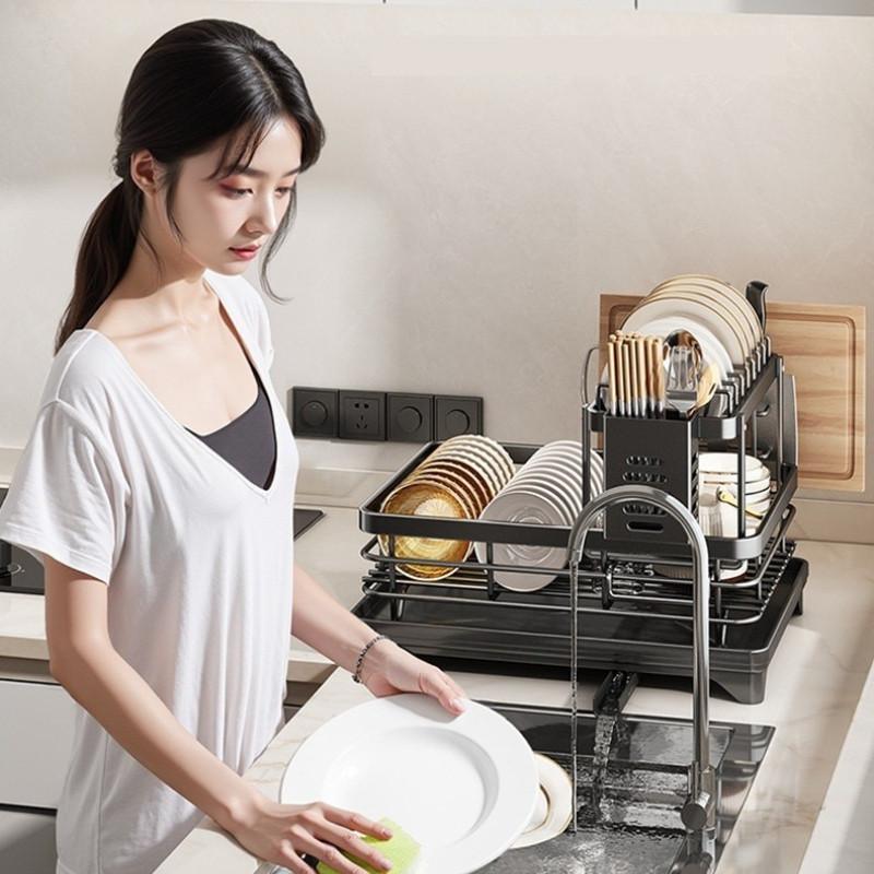 304 Stainless Steel Two-Layer Dish Rack Rust Prevention Drain Tray Kitchen Cabinets Multifunctional Kitchenware Storage Rack