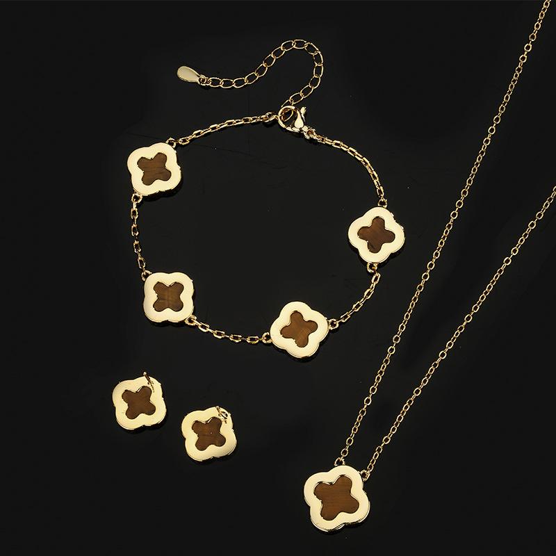 Jewelry Set Earrings Necklace Bracelet New Accessories Four Leaf Clover Natural Tiger Eye Stone Light Luxury Women's