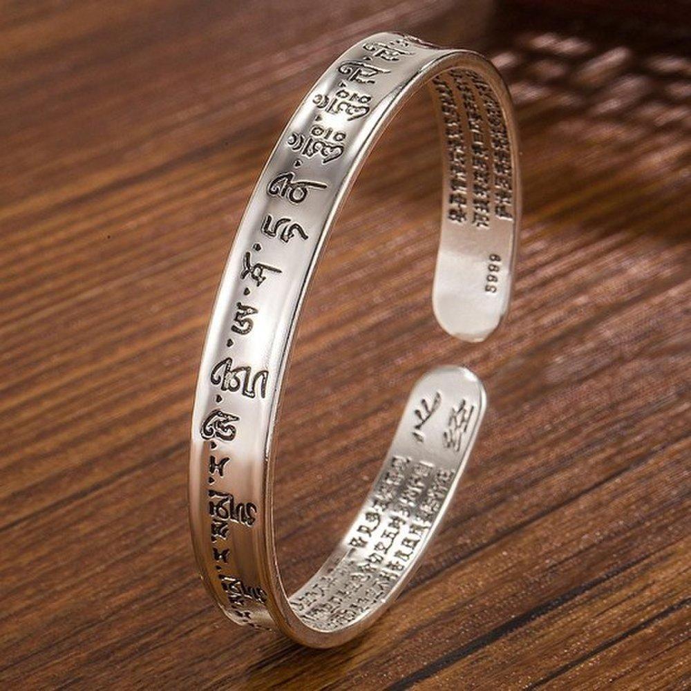 Authentic Tibetan Wooden Amitabha Buddha S999 Vintage Silver Bracelet Unisex Bracelet Buddhist Bracelet Buddhist Scripture Bracelet